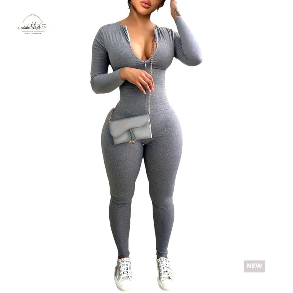 Long Sleeve Bodycon Jumpsuit Zip Up Slim Fit Polyester Blend